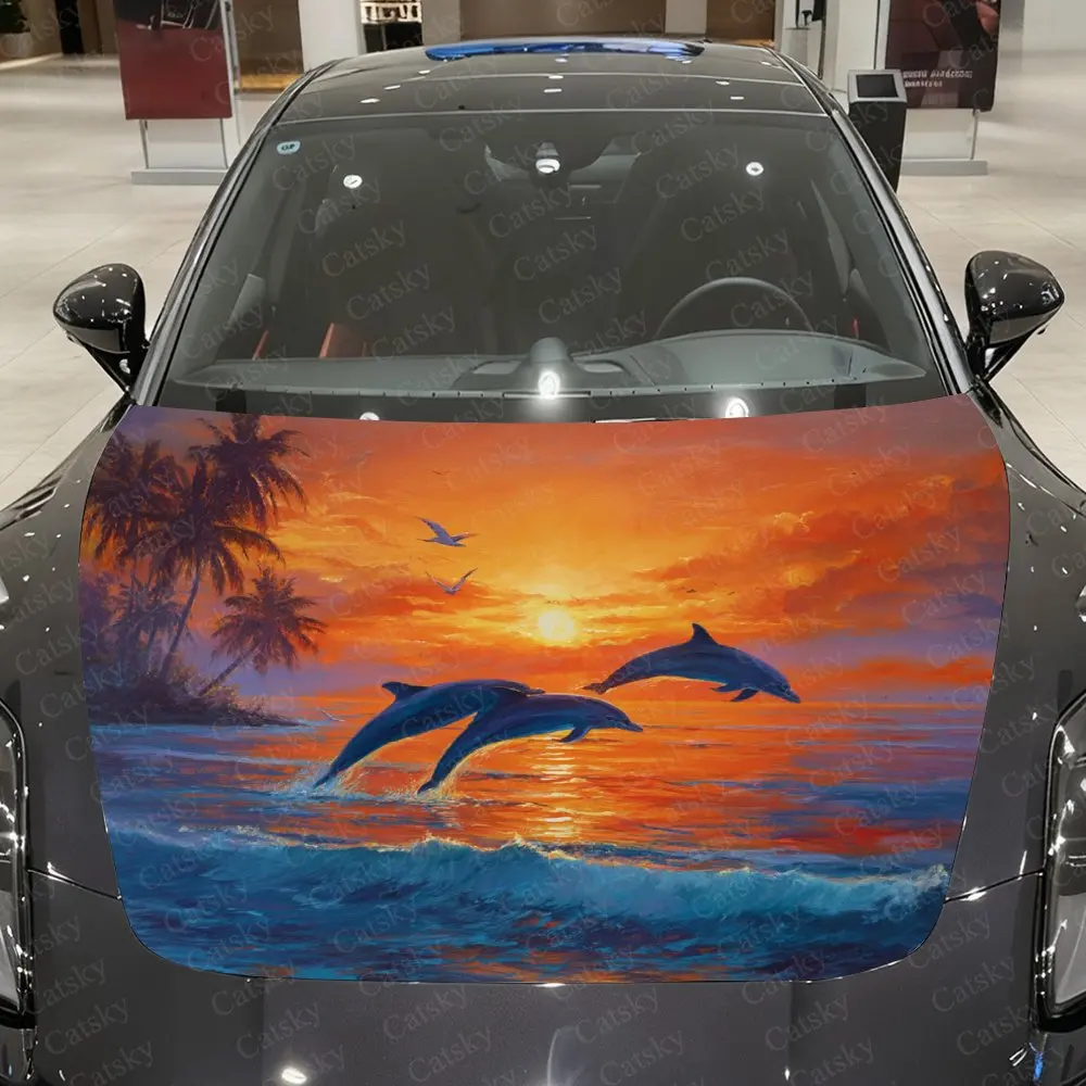 Sunset Dolphin Car Film Sticker, PVC Waterproof Car Cover Self-adhesive Scratch Resistant Sticker, Suitable For Engine Hood Deca