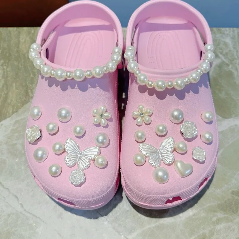 

Fashion Shoe Charms Set Accessories Hole Shoe Buckle White Butterfly Flower Pearl Chain DIY Shoes Decorations Woman Girls Gift