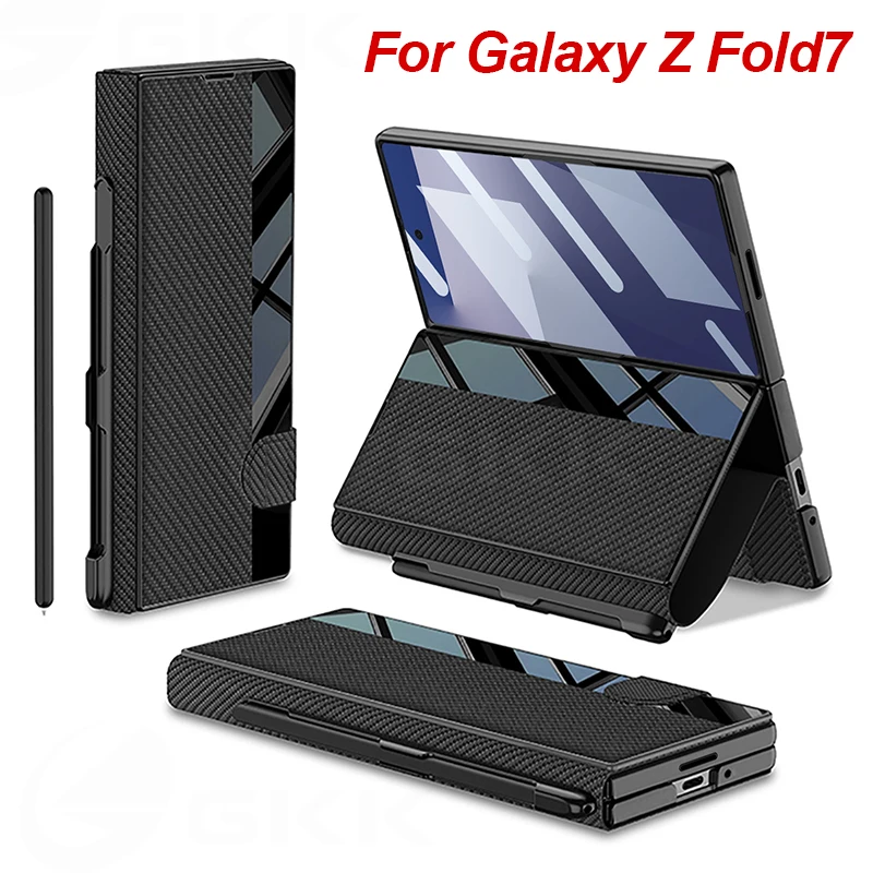 Luxury Leather Fold Holder Case For Samsung Galaxy Z Fold 7 With Pen Slot Screen Glass Protective Cover For Galaxy Z Fold7 Case