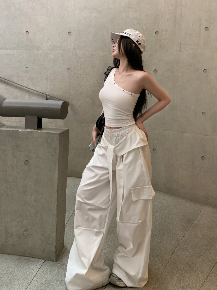 

White Workwear Women New Loose Casual Floor-Mapping Pants High Waist Loosw Straight Leg Wide Leg Pants