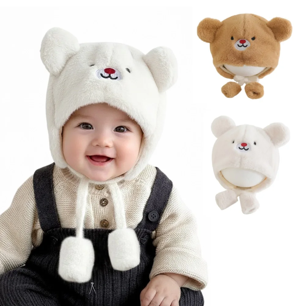 Topi Bayi Beruang Kartun Musim Dingin Baru untuk Anak Perempuan dan Laki-laki, Topi Bonnet dengan Bola Pompom dan Penutup Telinga untuk Perlindungan Telinga Anak di Luar Ruangan