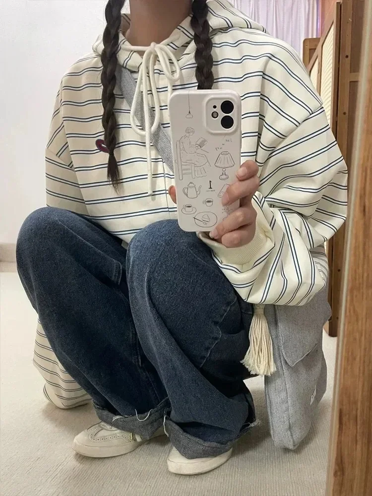 Korean Style Stripe Hooded Cardigan Hoodie Women Autumn New Small Lazy Loose Oversize Zip Hoodie Outerwear Sweatshirt