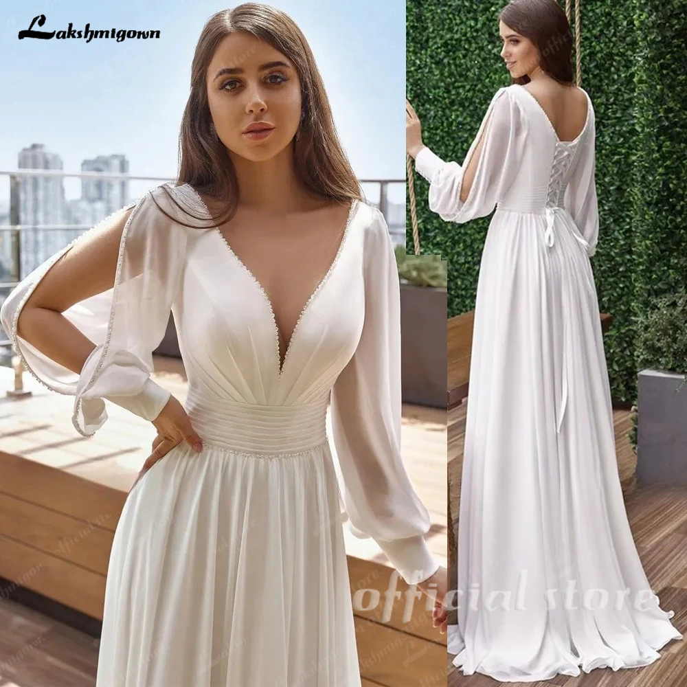 Lakshmigown verão com decote em v plissado cinto vestido de noiva personalizado mangas compridas puff vestido de noiva rendas até voltar vestido de casamento chiffon