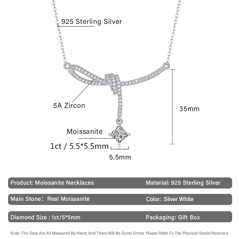 5*5mm D Color Princess Cut Moissanite Necklaces for Women Fine Jewelry S925 Sterling Silver Sparkling Diamond Pendant Necklace