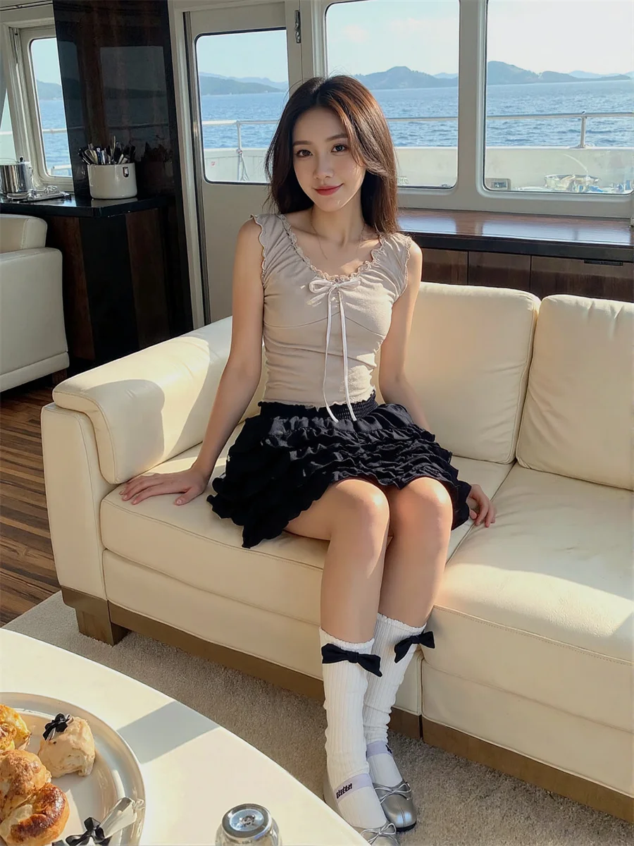 

Shirring Cake Mini Skirts Womens Irregular Velvet Jacquard High Minimalist Autumn Versatile Romantic New Fringed Chic Youth