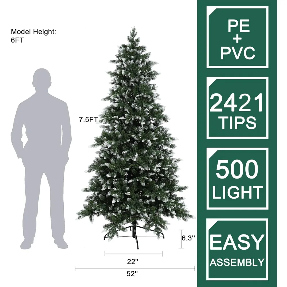 7.5FT Christmas Tree, Prelit Snow Kissed Artificial Christmas Tree with 500 LED Lights and 2421 Branch Tips