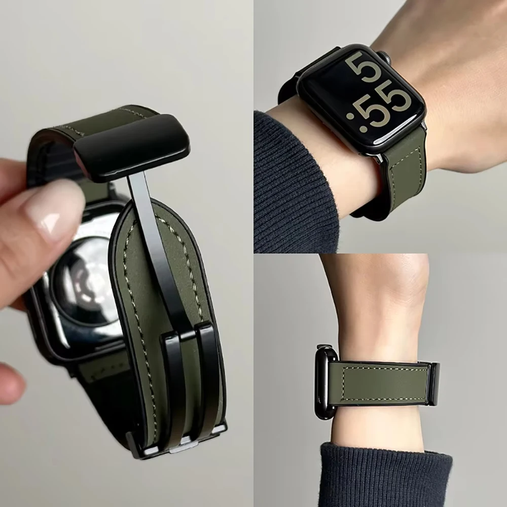 حزام من الجلد لساعة أبل الفرقة 38 40 41 42 44 45 46 49 مللي متر المغناطيسي مشبك سوار الرجال IWatch سلسلة ساعة Starp اكسسوارات