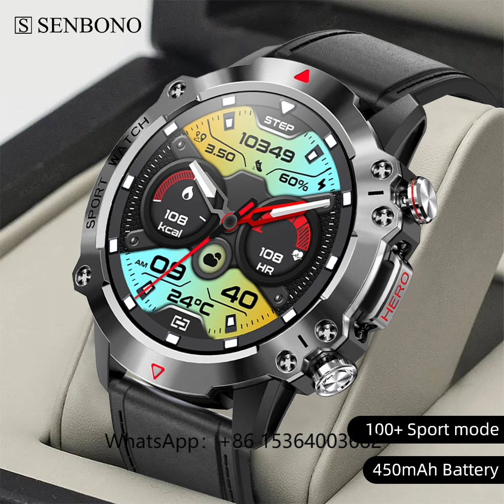 

TJXL-SENBONO HERO Outdoor Sport Smartwatch Men BT Call Watch 1.39 Inch 360*360 HD Screen 450mAh IP68 Waterproof Leather Smart Wa