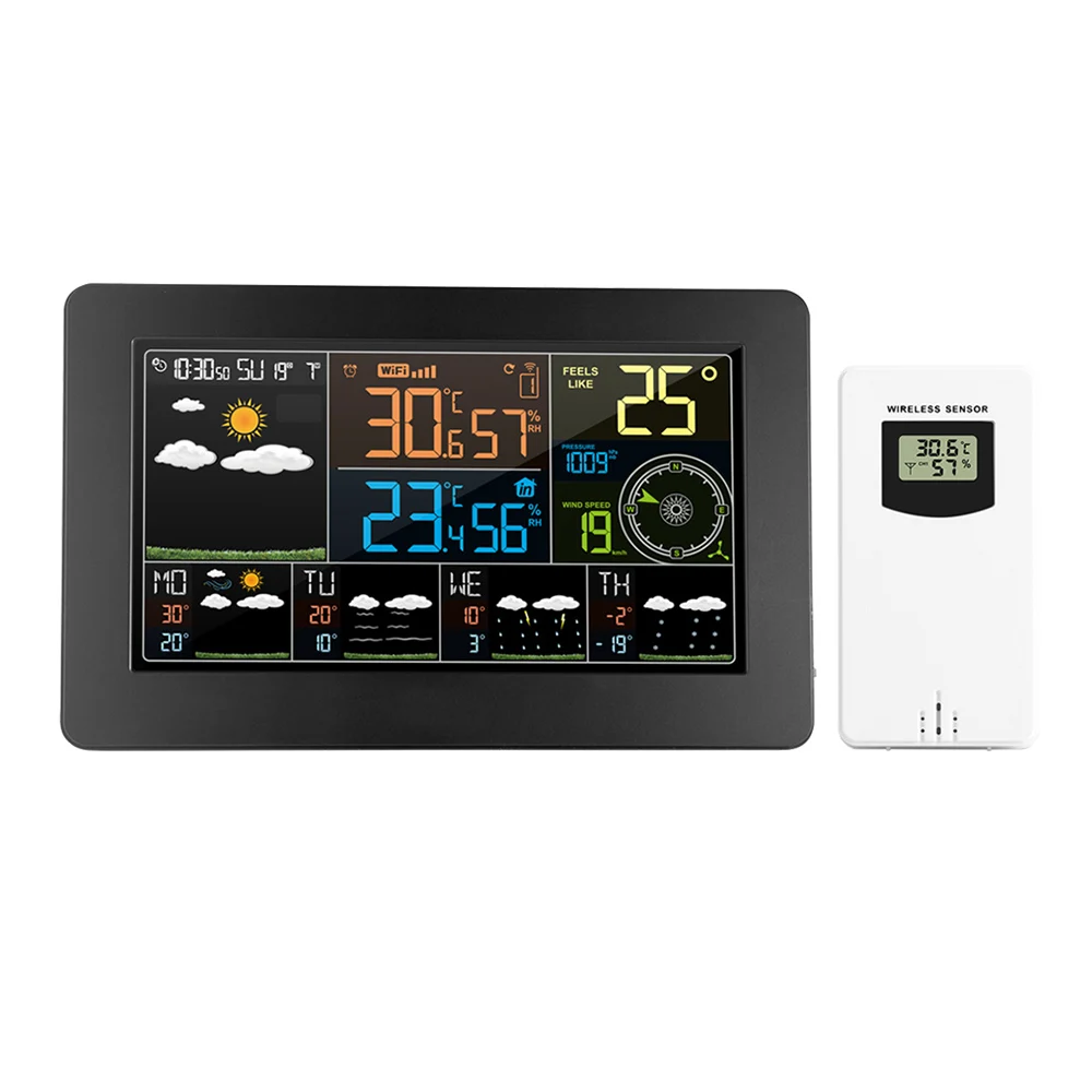 Multifunctional WiFi Weather Station APP Control Smart Monitor Indoor Barometric Wind Speed Digital Clock Functions with Sensor