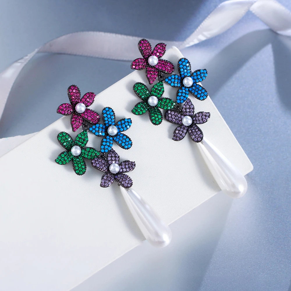 ThreeGraces Luxury Colorful Zircon Simulated Pearl Long Flower Bridal Wedding Earrings for Women Elegant Party Jewelry E1920 image 4