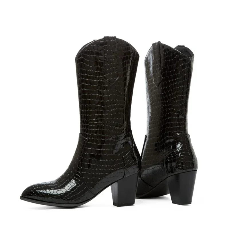 بوتاس دي موهير النساء الأحذية قبعات رعاة البقر الغربية الأحذية بولي Leather جلد عالية الكعب أحذية منصة القوطية حجم كبير 46 47 48 307-1