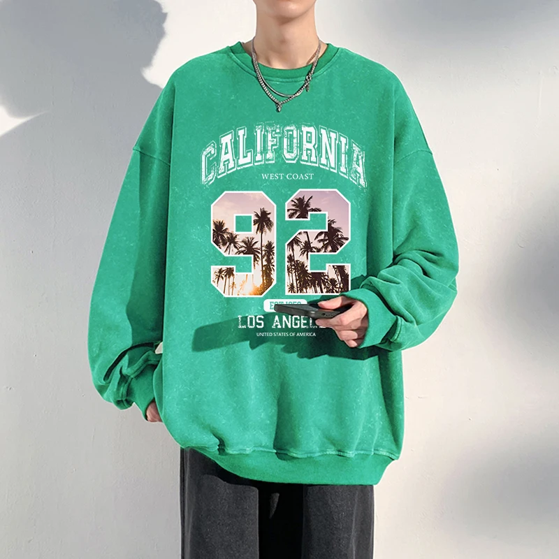 

California 92 Scenery Print Distressed Retro Cotton Sweatshirt Men Comfortable Autumn Warm Sportswear Fashion Casual Washed Top