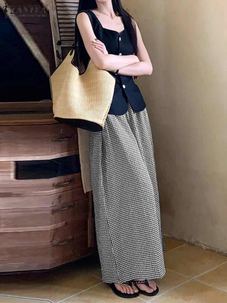 ZANZEA Gingham Checked Trousers Loose Casual Vintage 2024 Fall New Everyday Pantalon Women Commute Elastic Waist Wide Leg Pants