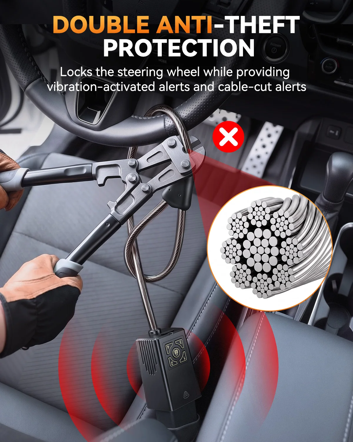 Verbesserte Lenkradsperre für Autos, 120 dB, schnittfestes Stahlkabel, Alarmsperre mit Fernbedienung, Passwort-Entsperrung, Diebstahlsicherung für Autos – Detail 6
