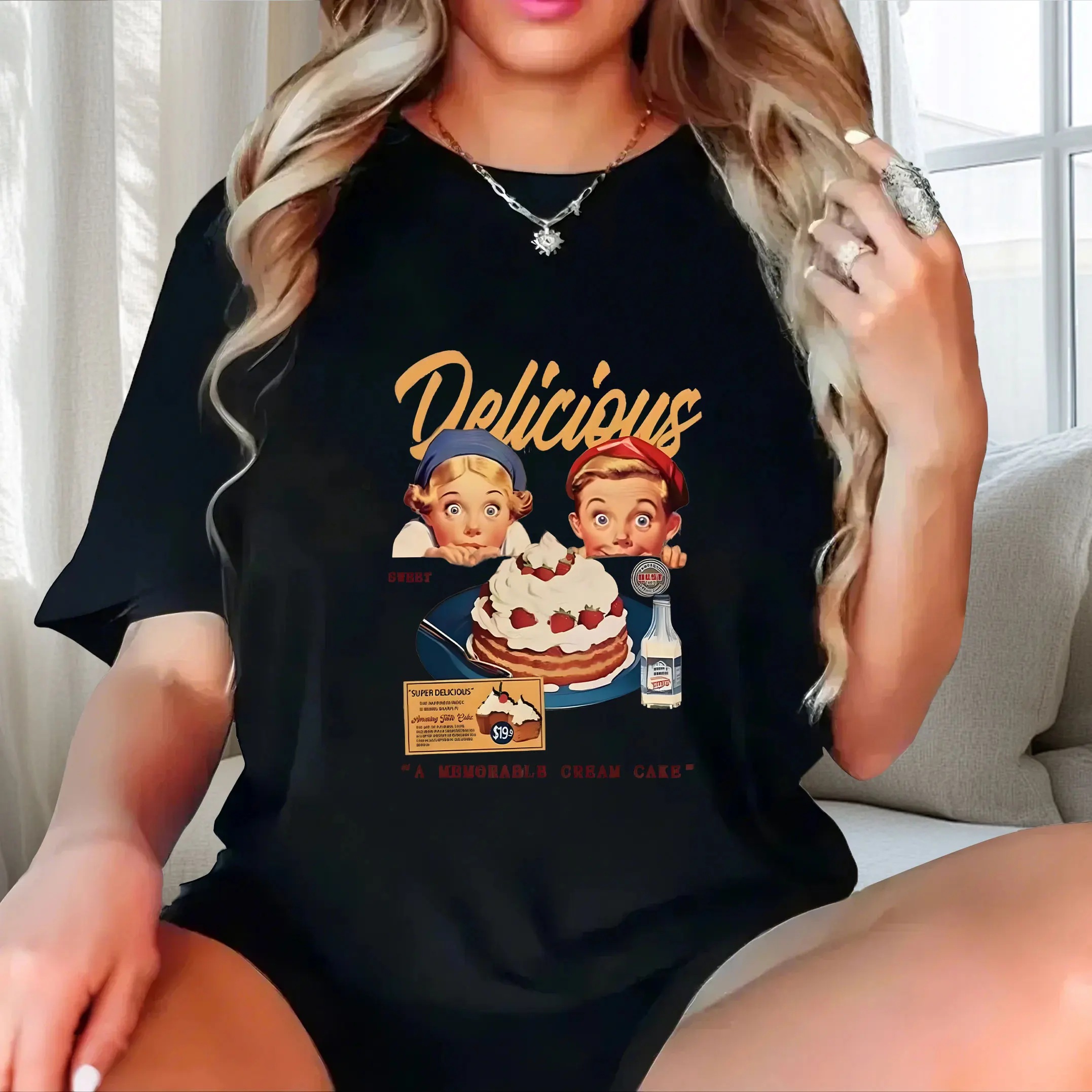

Cartoon pattern+English print plus size Ladies' casual short sleeved T-shirt black