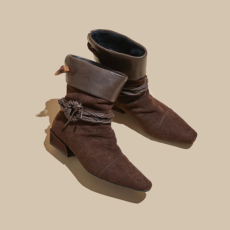 2025 جديد المرأة أحذية رعاة البقر الغربية أشار تو الرجعية النساء حذاء من الجلد و أحذية بوت قصيرة حجم كبير مطوي متسابق الأحذية النسائية #6