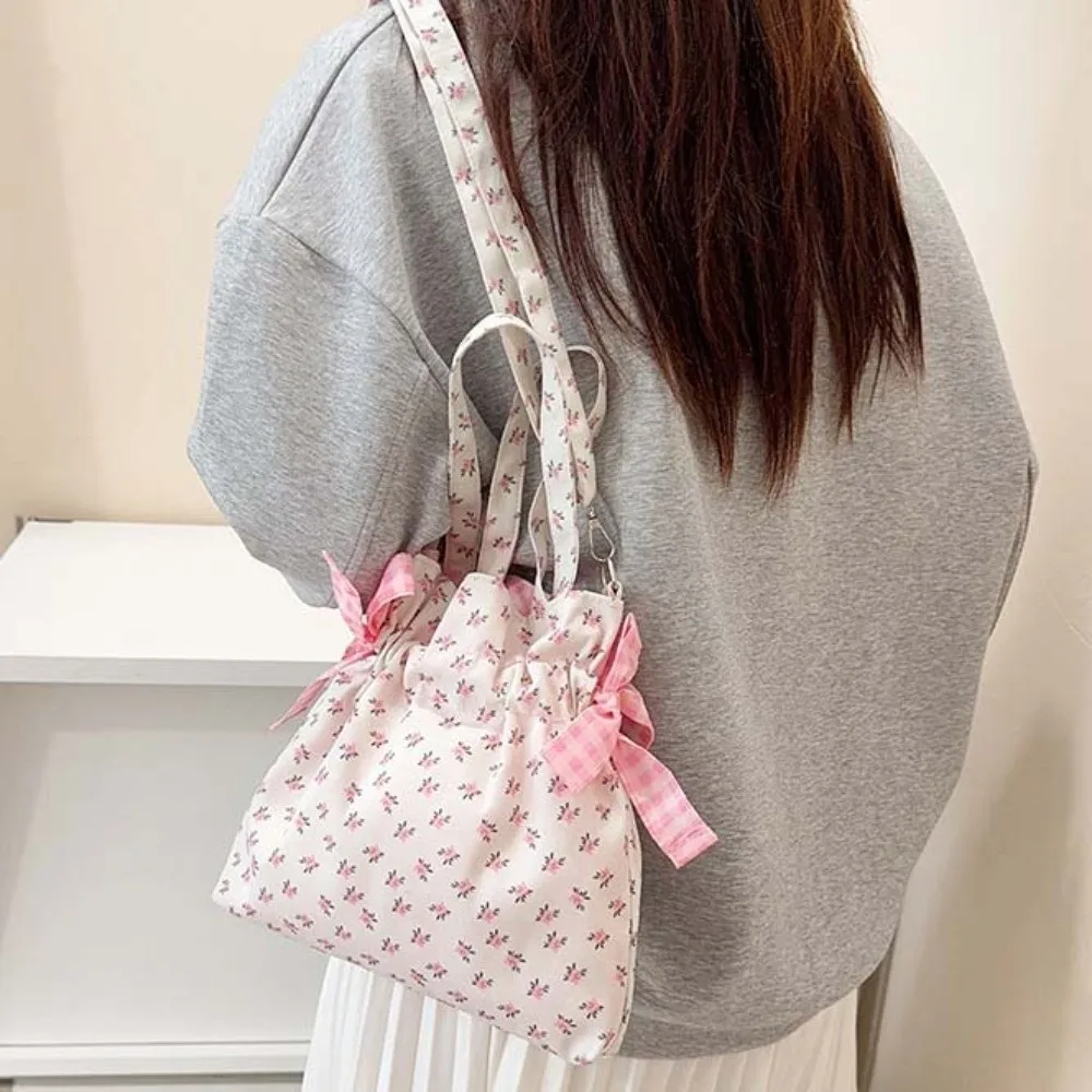 3-in-1 Floral Crossbody Bag Ruched Compact Drawstring Shoulder Bag Soft-touch Detachable Pink Bowknot Handbag Camper