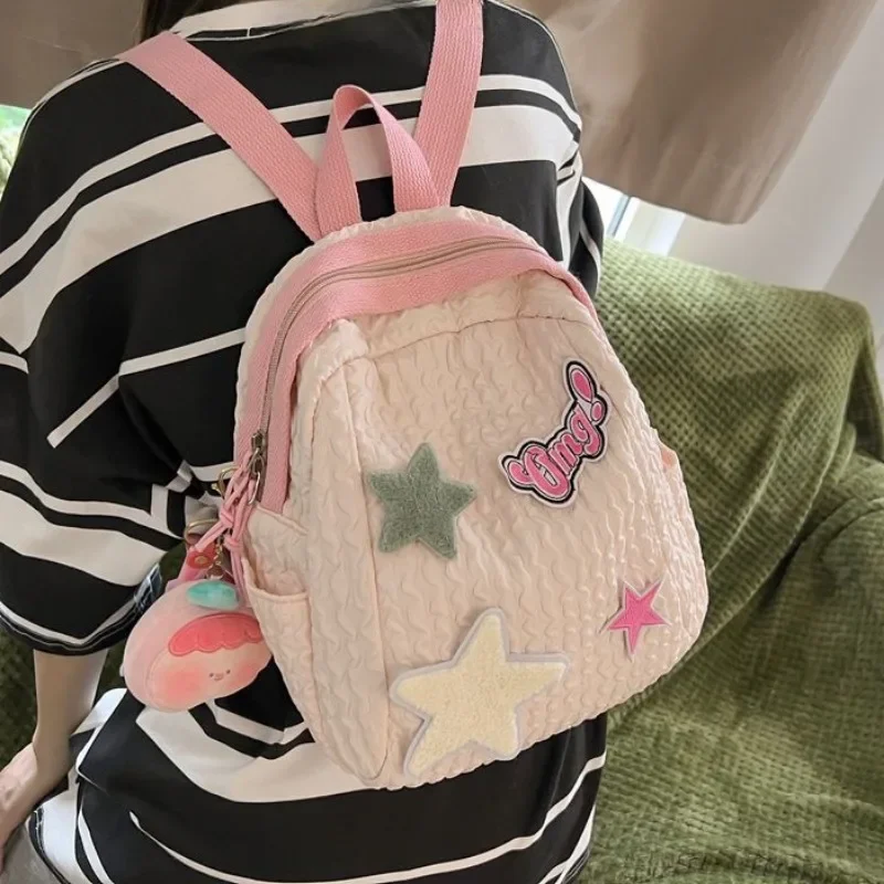 MBTI Zaino da donna plissettato rosa Nylon Casual Star Patchwork Moda Zaini piccoli Stile Harajuku Carino Kawaii Nuova borsa femminile