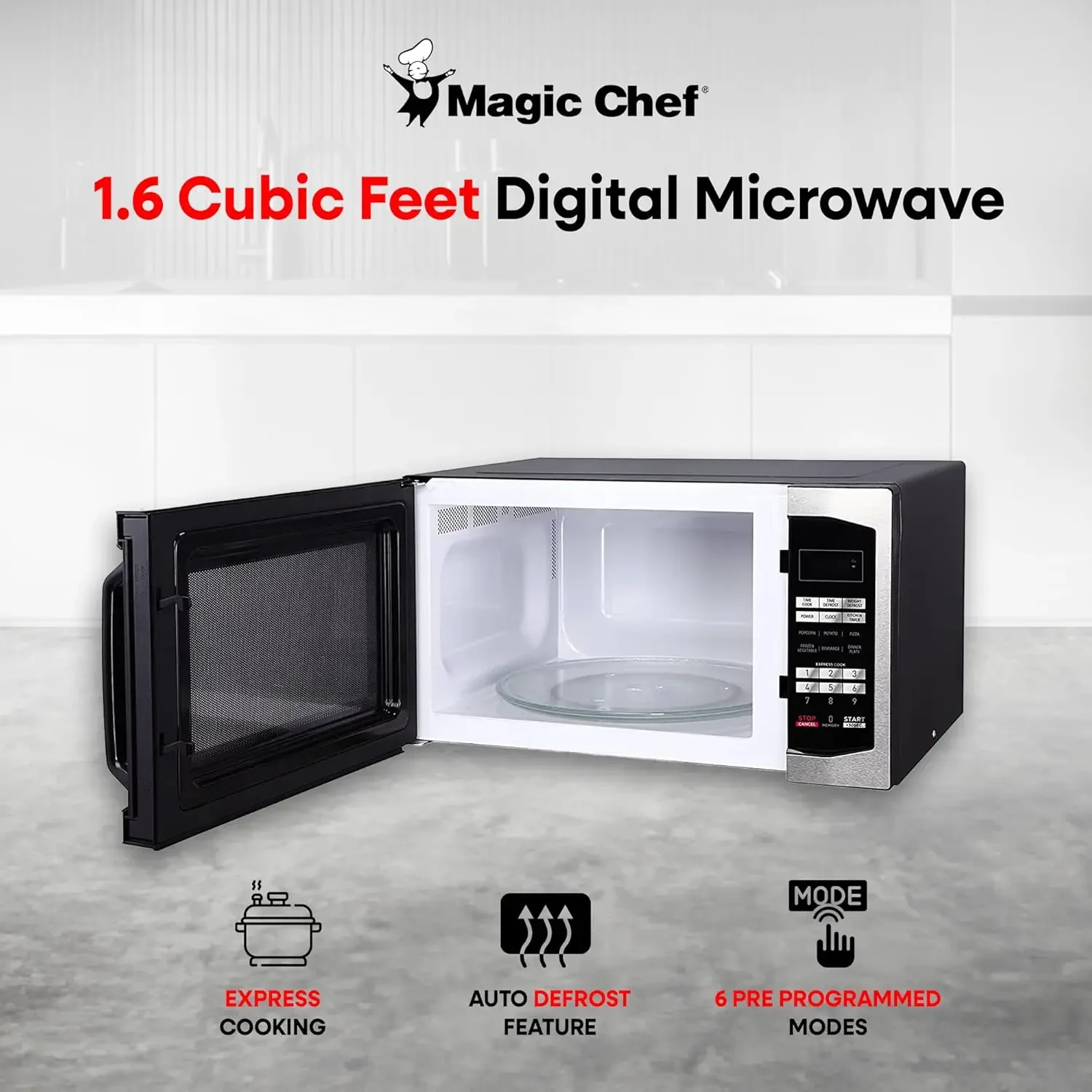 Chef MCM1611ST 1100 Watts 1.6 Cu Ft Stainless Steel Countertop Microwave with 10 Power Levels, Auto Defrost, Express Cooking & C