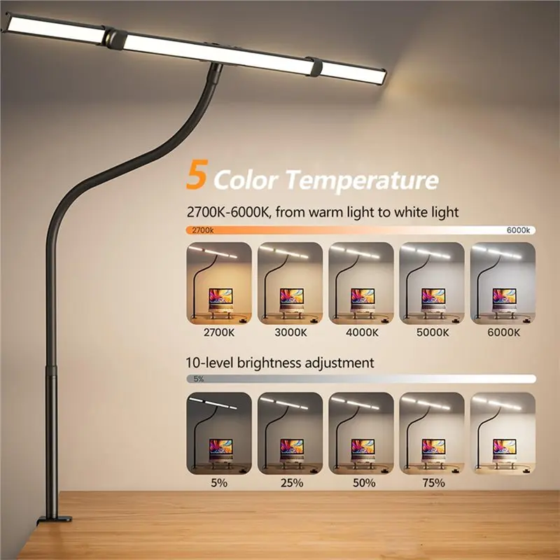 【Big deal】3-Head Eye Caring Architect Lamp With Clamp Computer Monitor Flexible Gooseneck Colour-Adjustable Table Lamp