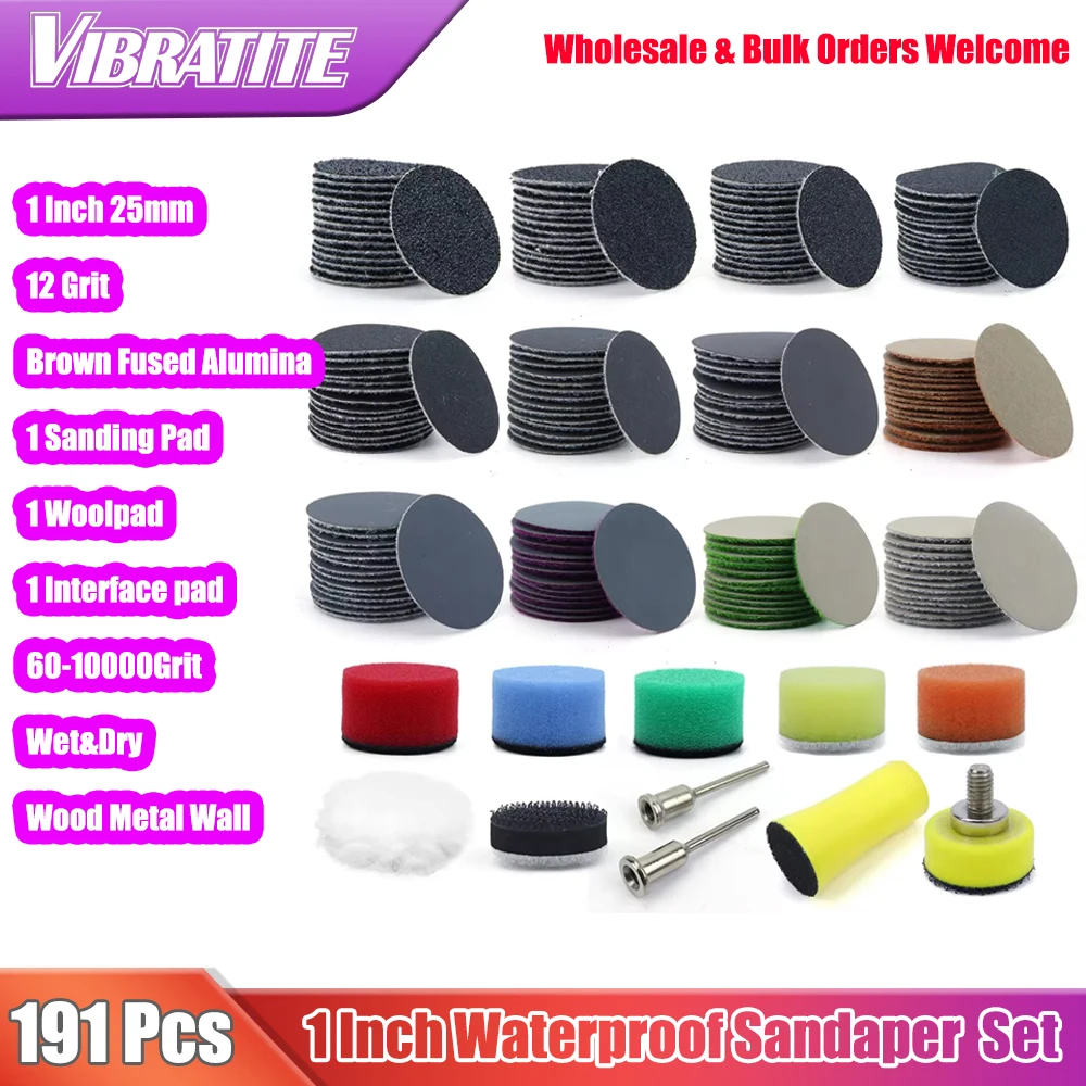 191 PCS 1 Inch 25mm Sanding Discs Hook and Loop Wet Dry Sandpaper with 3mm Shank Backing Pad Polishing Pads and Interface Pad