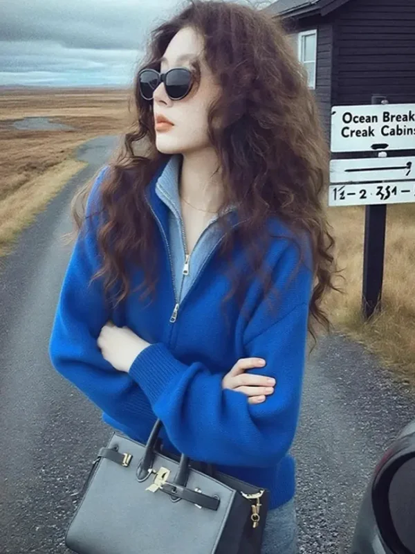 

Winter Blue Zipper Knitted Cardigan Women's Anti-Aging Sweater Jaet Korean Sle Soft Long Sve Breathable Pure Color