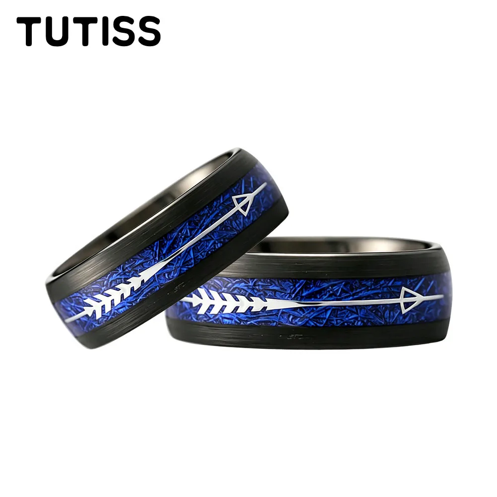 tutiss-8mm-ブラックタングステンカーバイド結婚指輪、青い隕石付きアローリング、ブラックドームリング、記念日リング、婚約指輪