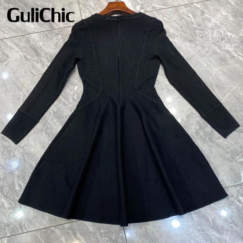 11.10 GuliChic Mini abito lavorato a maglia di alta qualità da donna Fashion Hollow Out Design scollo a v manica lunga eleganti abiti Slim Lady