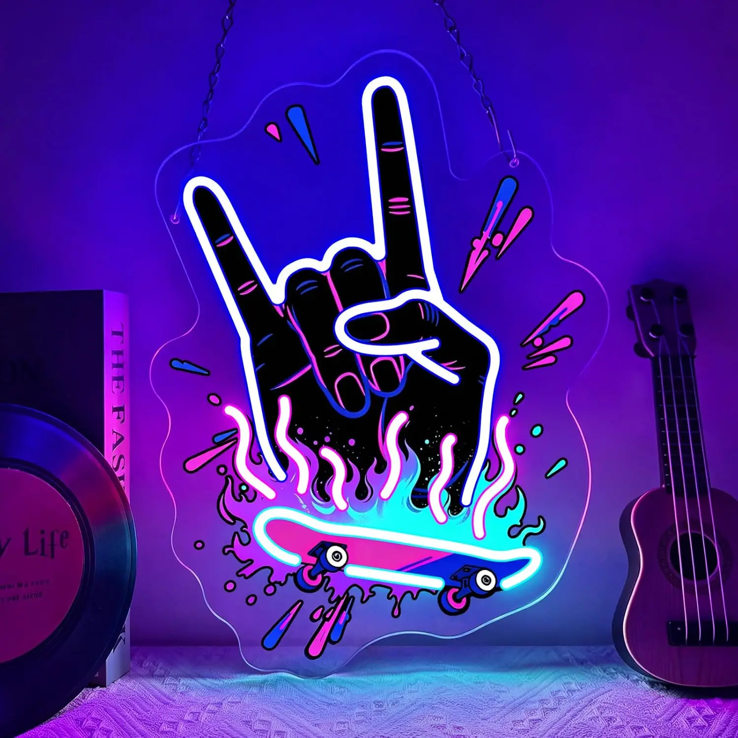 Rock Hand Skateboard Flame LED Neon Sign USB Powered Neon Light for Music Studio Bedroom Bar Party Home Decor Christmas Gift