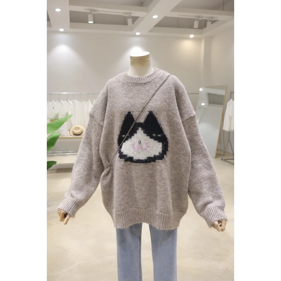 Comfortable Thick Cartoon Jacquard 2023 Autumn And Winter Loose All-Matching Thickened O-Neck Pullover Long Sleeve Sweater Women