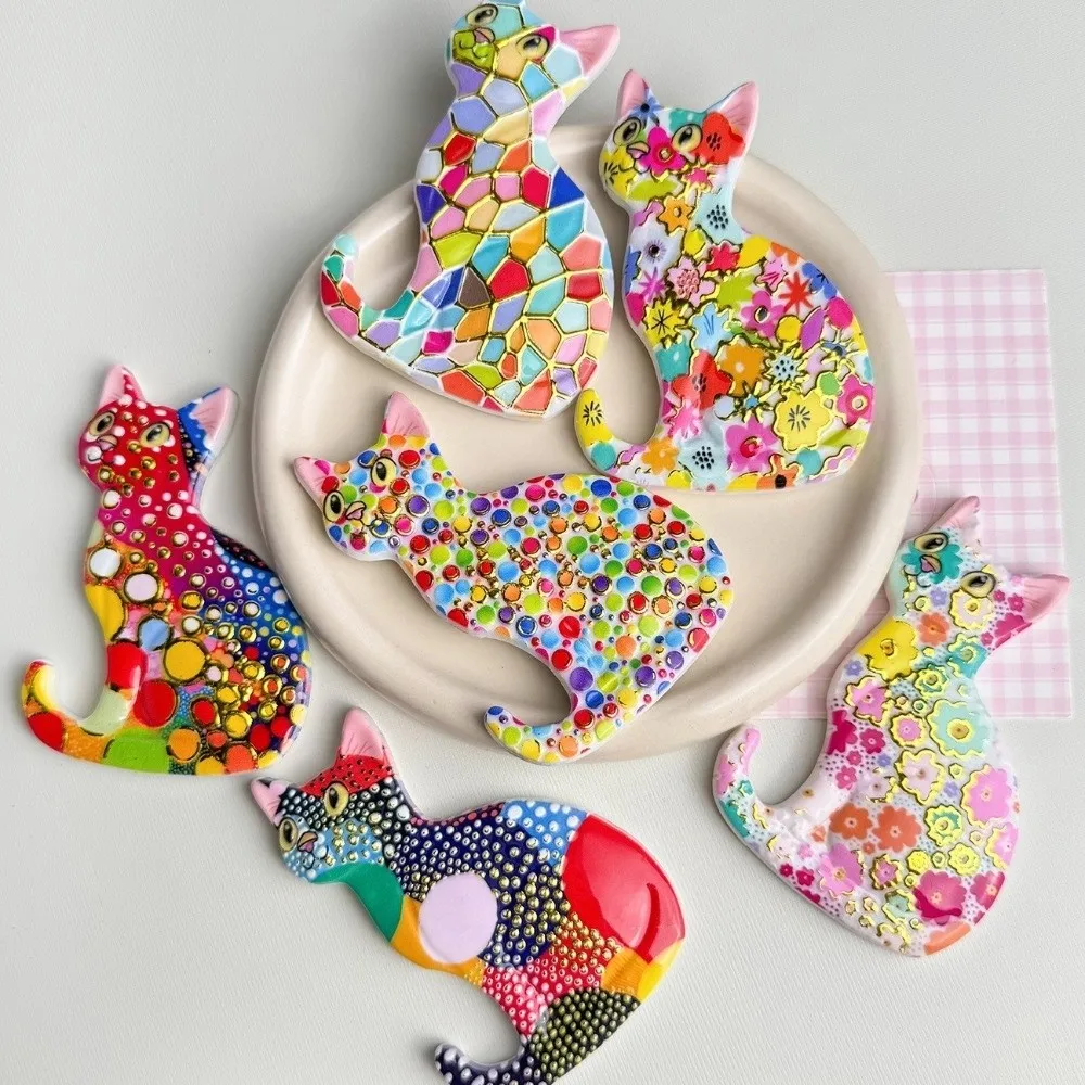 

Cartoon Colorful Cat Refrigerator Sticker Cute Painted Mosaic Fridge Magnets Various Styles Gold Embossing