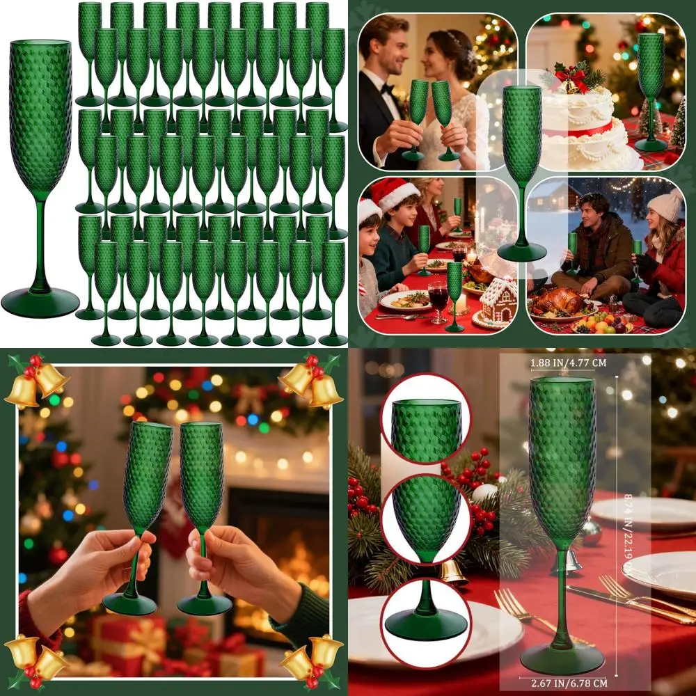 

Green Plastic Champagne Flutes 7oz - Bulk Unbreakable Reusable Crystal Wine Glasses for Weddings and Celebrations