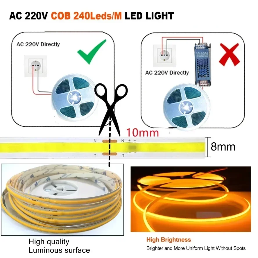 Maximum 10m Per Roll High Bright 220V COB LED Strip Light Flexible Tape Light Smart IC No Need Driver 240 LEDs Linear Lighting