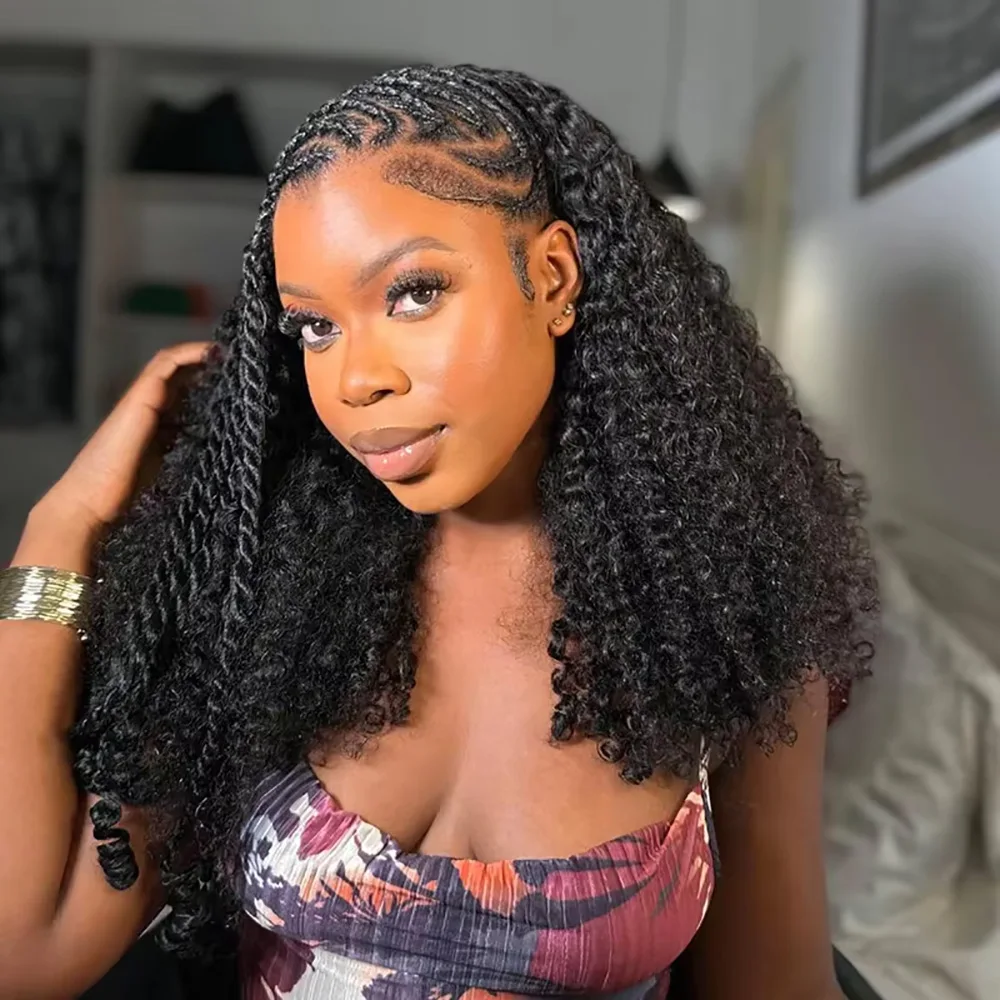 3 In 1 Human Hair Half Wig Drawstring Clip In Kinky Curly Headband Machine Wig Natural Color Seamless Natural Looking For Women