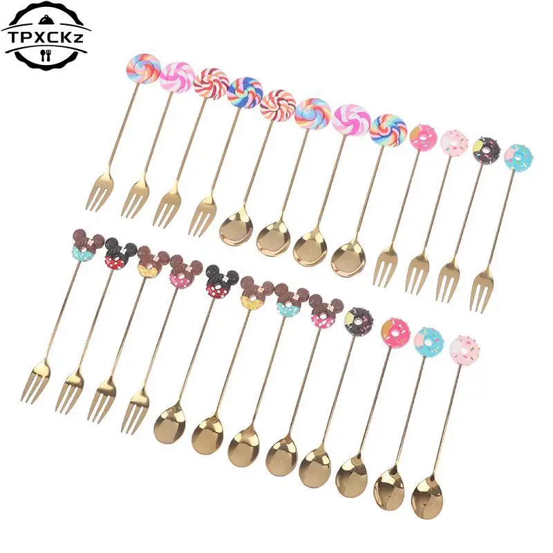 4pcs Stainless Steel Donuts Candy Spoon Forks Kitchen Tableware Milk Coffee Stirring Spoons Dessert Cake Tools Cutlery Spoon Set