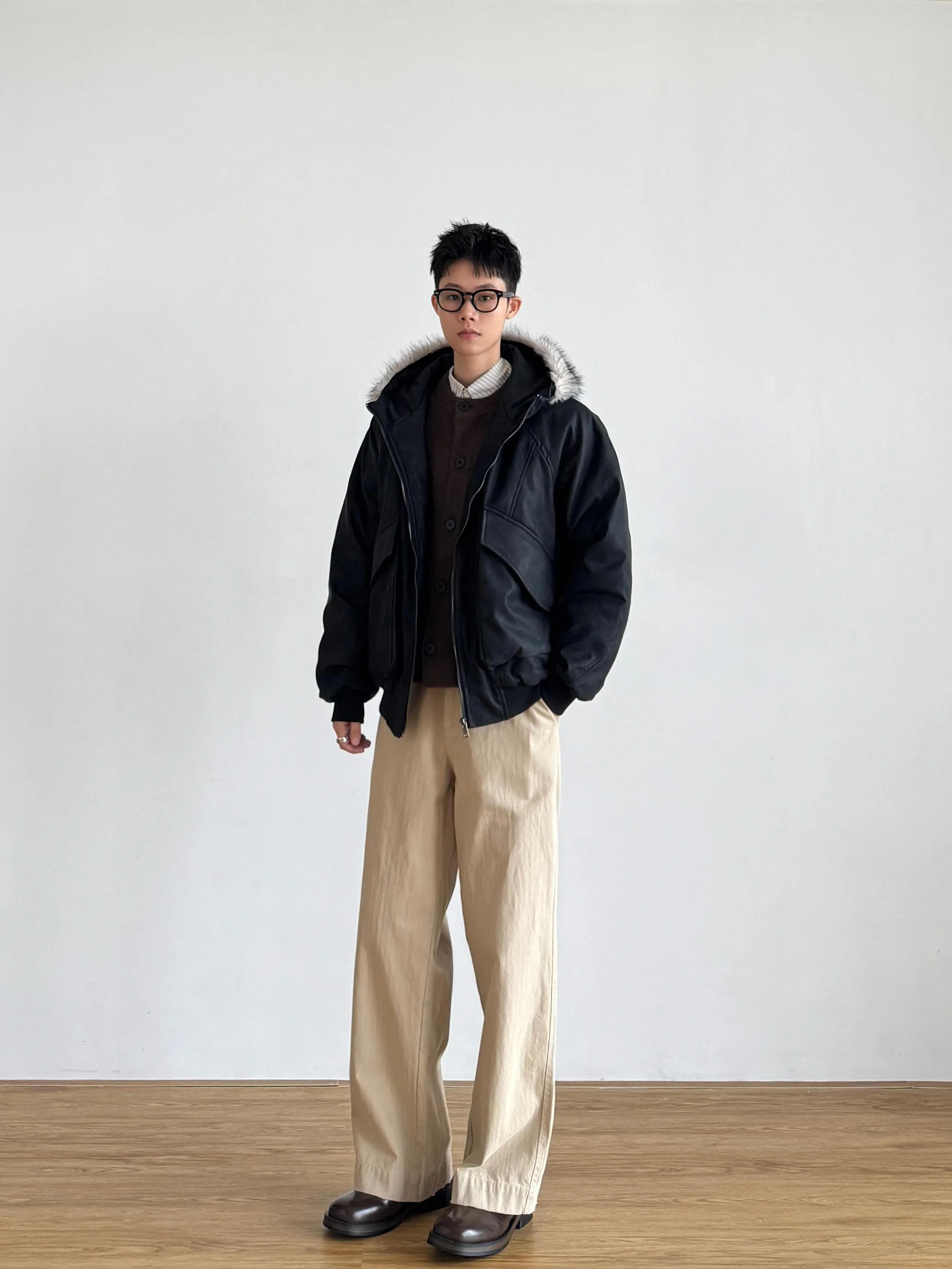 

Thiened Removable Fur Collar Hooded Cotton Jaet Men's Winter Warm Loose Outerwear Bla Leather Sle SIIIEND Workwear