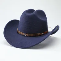 Vintage Wool Western Cowboy Hat With Leater Belt Gentleman Lady Jazz Fedora Wide Brim Sombrero Hombre Caps