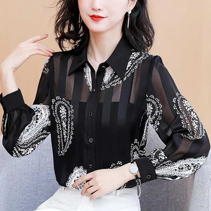 

Elegant Lapel Button Loose Printed Chiffon Shirt Women's Clothing 2023 Autumn New Casual Tops Office Lady Chiffon Blouse