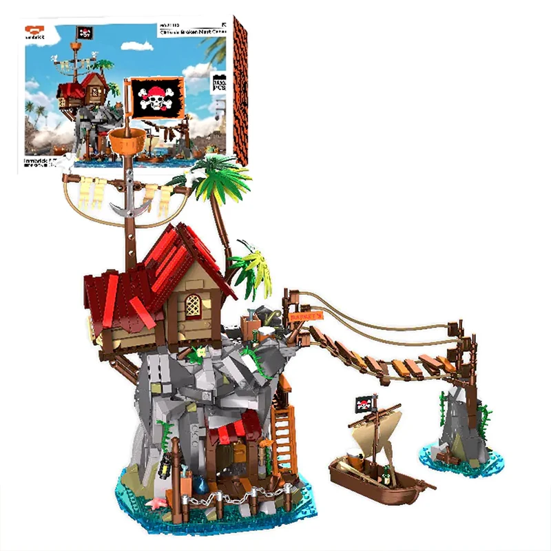 Pirateninsel Festung Modulare Gebäude Klemmbausteine Set Karibische Piraten Szene Bausteine Modellbausatz DIY Montage Spielzeug für Erwachsene Ideales Geburtstags Feiertags Geschenk Heimdekoration