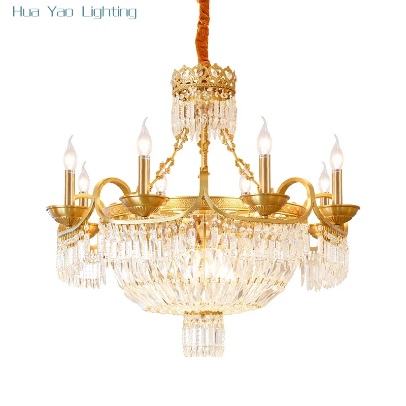 

Indoor Decorative Villa Hotel Living Room Dining Room Hanging Brass Pendant Light Luxury Crystal Chandelier