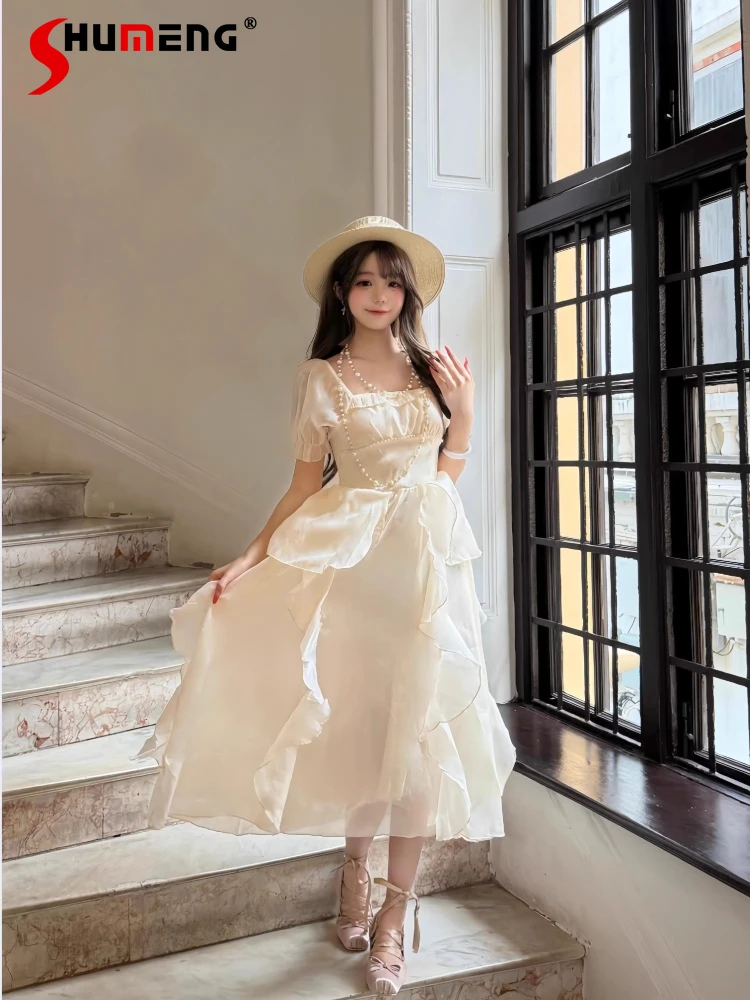 

Оригинальное французское элегантное ретро-платье в стиле феи, платье принцессы с квадратным вырезом, пышными рукавами и рюшами, повседневное длинное платье в стиле Лолита, женское летнее платье