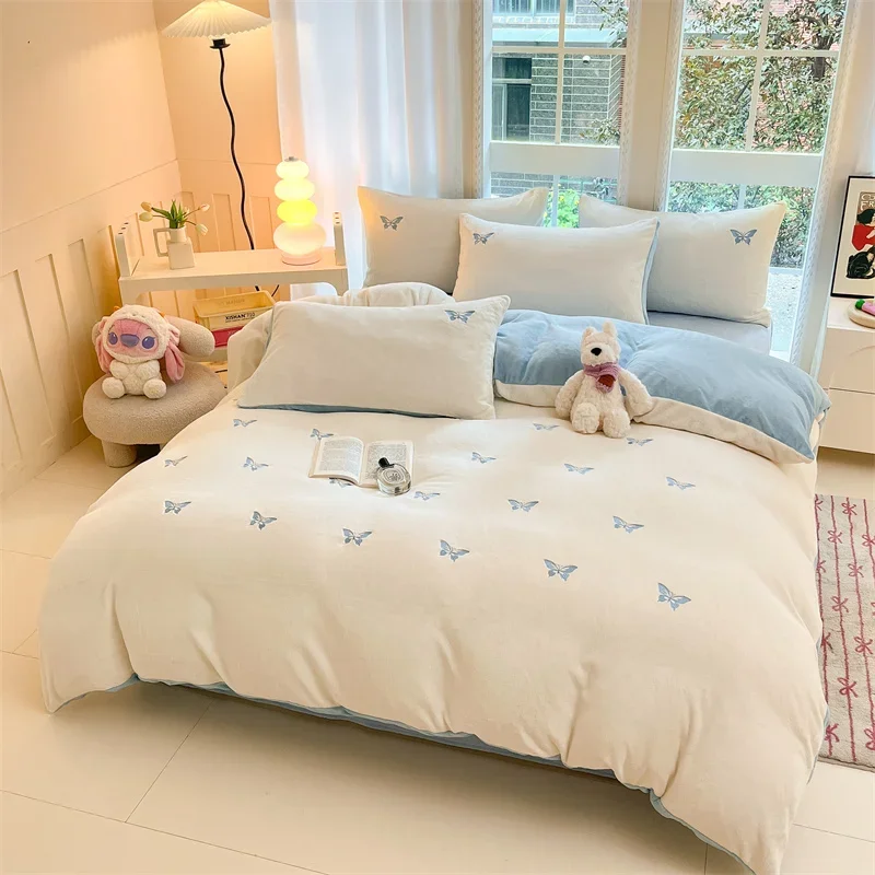 

New Scattered Embroidery milk fleece four-piece autumn and winter double-sided thickened flannel coral fleece bed linen bedding