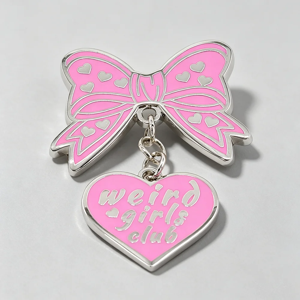 Pink Bow Brooch Weird Girls Club Heart Pendant Badge Clothing Bag Pin Accessories Cute Unique Gifts