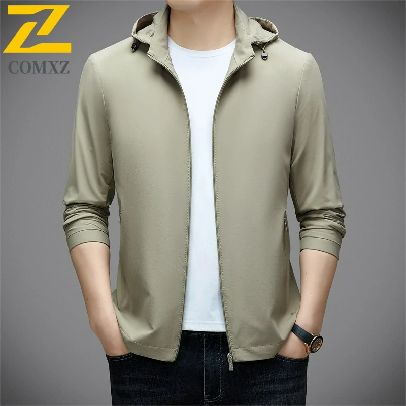 Hooded Jacket Men New Trendy Detachable Hood Work Coat Classics Business Casual Comfort Lightweight Spring Autumn Outerwear