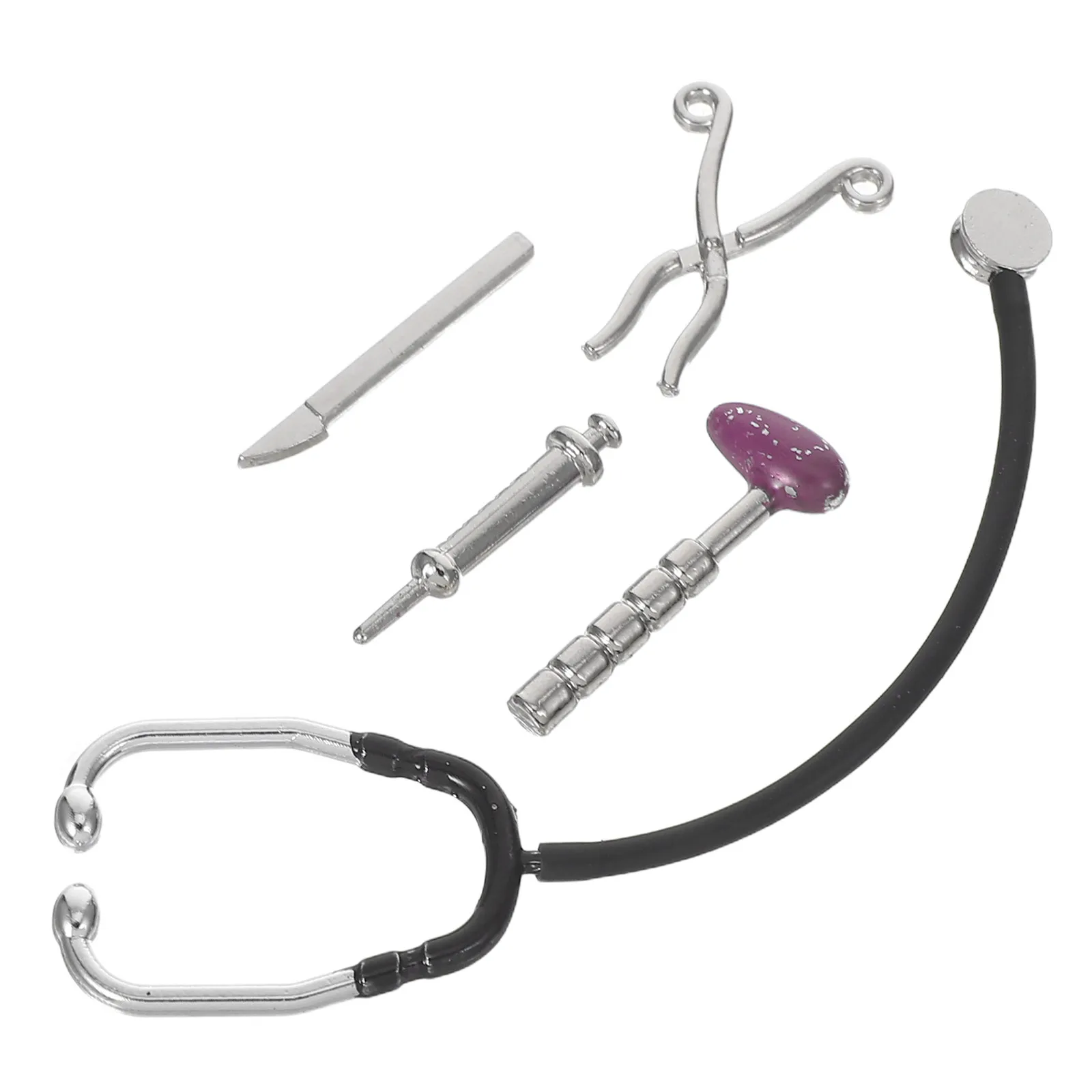 

Набор миниатюрных инструментов доктора: стетоскоп и шприц из сплава для кукольного домика, декорации, ролевых игр, развивающие игрушки для детской комнаты, миниатюрный домик