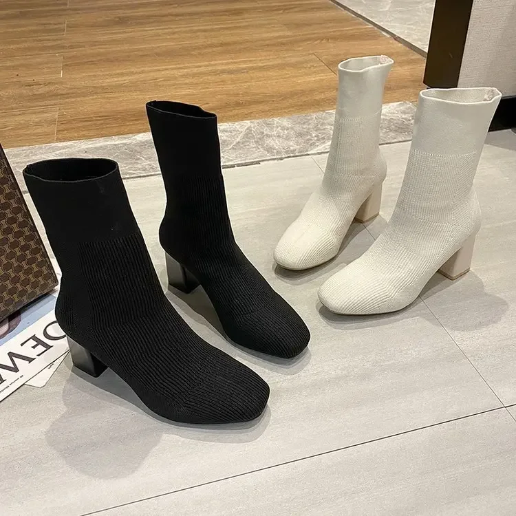 2024 Women Over The knee High Long Boots Block High Heels Short Ankle Knitted Boots Stripper Winter Warm Sock Stretch Sexy Shoes