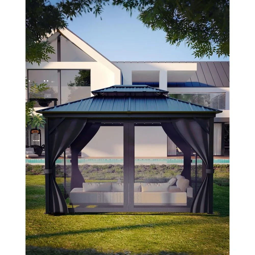 Gazebo,Hardtop Gazebo 12'x14' For All Weather, With Double Metal Roof, Aluminum Alloy Frame, Net, And Curtain, Permanent