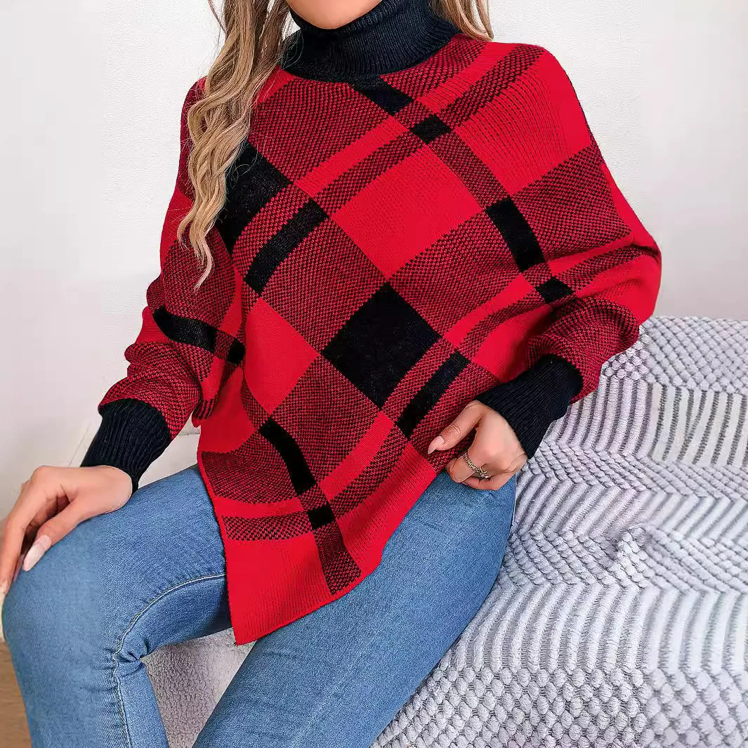 Fashion Spell Color Checked Turtleneck Pullover Sweater, Women's Autumn and Winter New Irregular Patchwork Knit Cloak Sweater