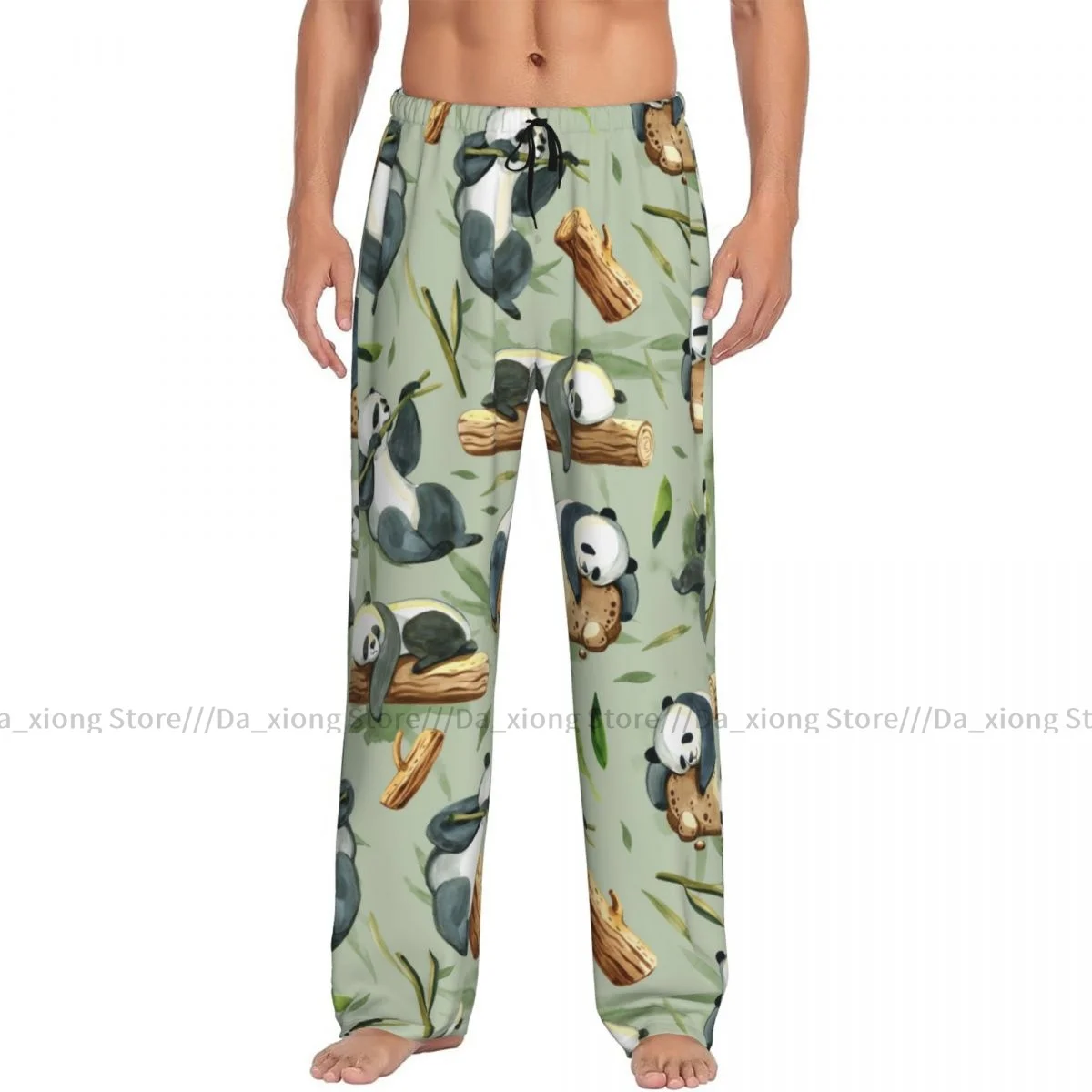 Men's Sleepwear Loose Sleep Pants Pajamas Panda With Stone Green Splash And Leaves Long Lounge Bottoms Casual Homewear