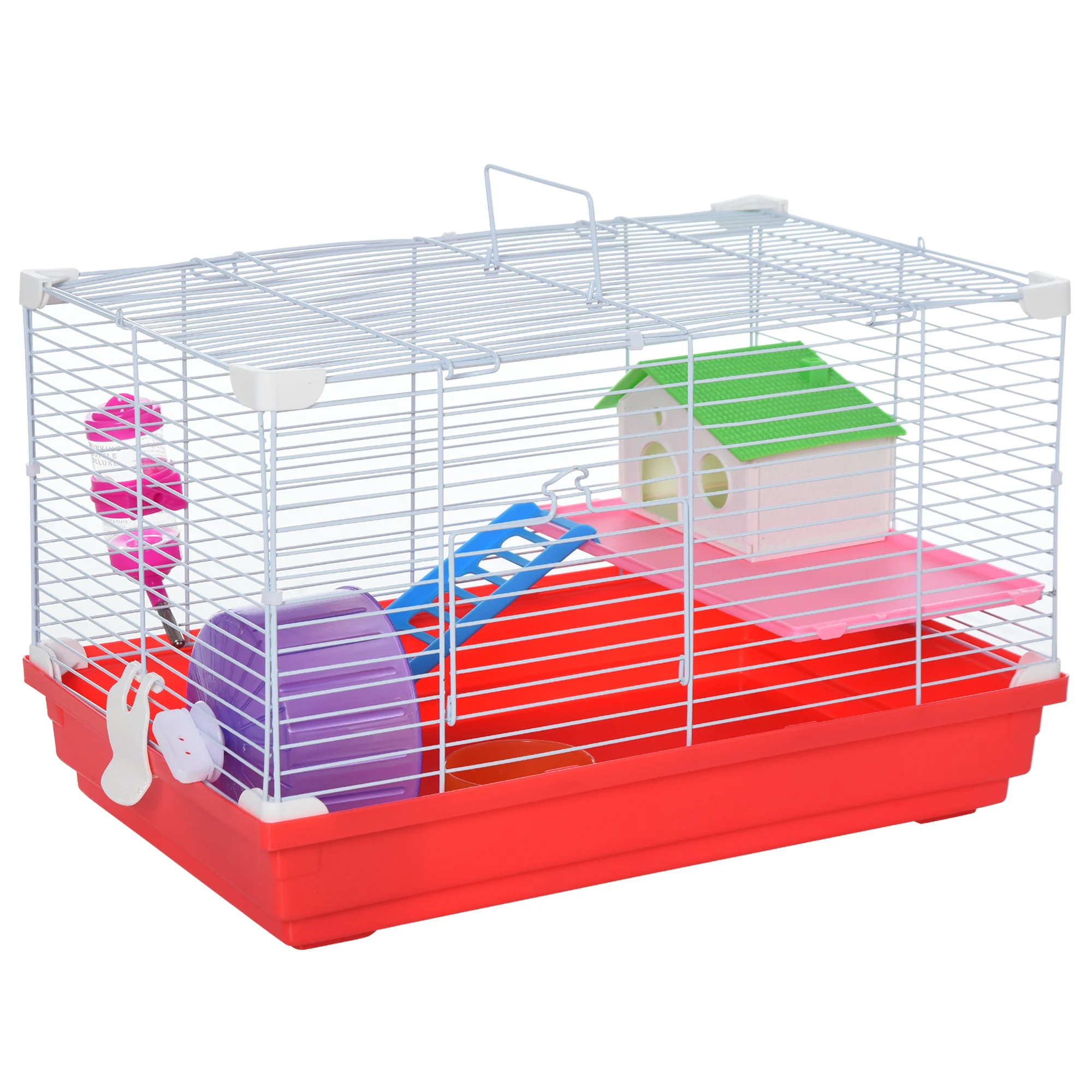 

18.5" Hamster Cage with Exercise Wheel and Water Bottle, Dish, Rat House and Habitat 2-Story Design, Red